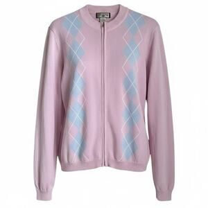 Caribbean Joe Argyle Zip Up Sweater Pink Blue Preppy Size M Grandpacore Cardigan